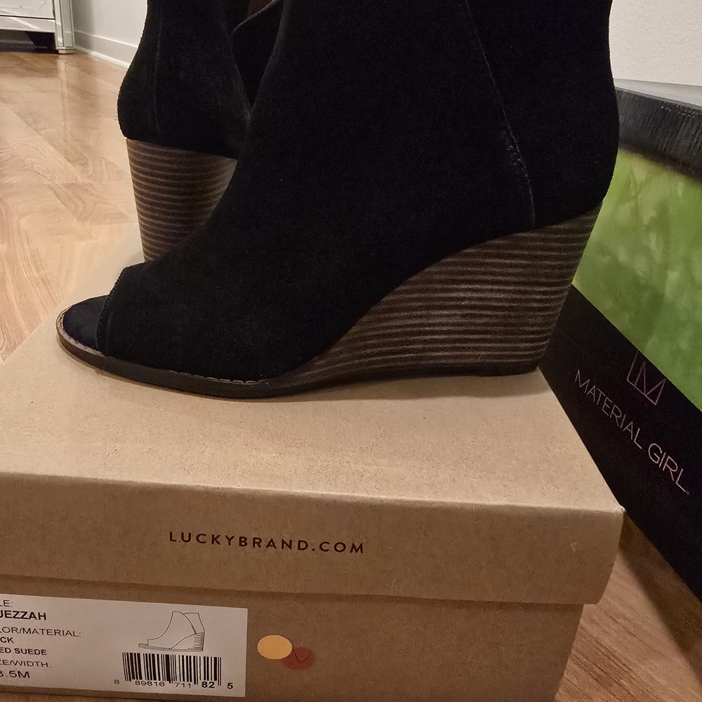 Lucky Brand Black Suede Wedge Booties